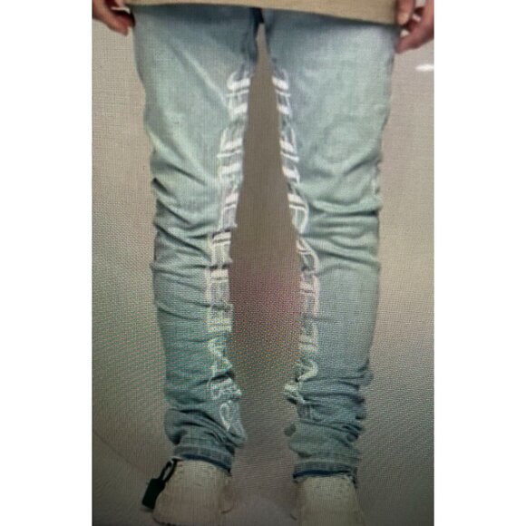 Pheelings Light Blue Distressed Cotton Blend Jeans With Embroidered Lettering - Picture 1 of 14